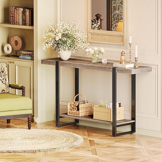 Huuger 47.2 Inch Entryway Table, 2-Tier Industrial Console Sofa Table with Storage, Accent Table, for Entry, Hallway, Entrance, Foyer, T-Shaped Metal Frame, Grey-Ruum Studio Home