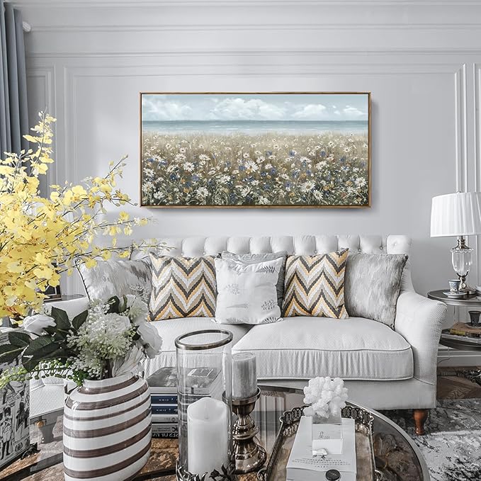amatop Large Wall Art for Living Room Framed Boho Beach Coastal Floral Ocean Wall Picture Farmhouse Daisy Flower Sea Canvas Print Nautical Neutral Vintage Warm Artwork Home Bedroom Office Decor 48x24-Ruum Studio Home