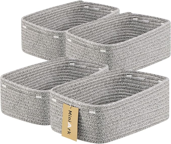 Small Storage Baskets for Organizing | Closet Organizer Bins | Shelf Toy Basket | Woven Rope Baskets | Cube Decorative Box | Shallow Basket | 13x8.5x5.1” | 4 Packs Mixed Grey-Ruum Studio Home