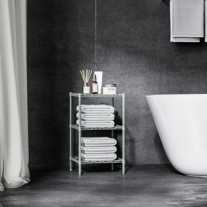 750 lbs 3-Shelf Storage Shelves Wire Shelving Unit Standing Metal Rack for Small Places Narrow Wire Rack for Bathroom, Green 13.8 D x 13.8" W x 25.5" H-Ruum Studio Home