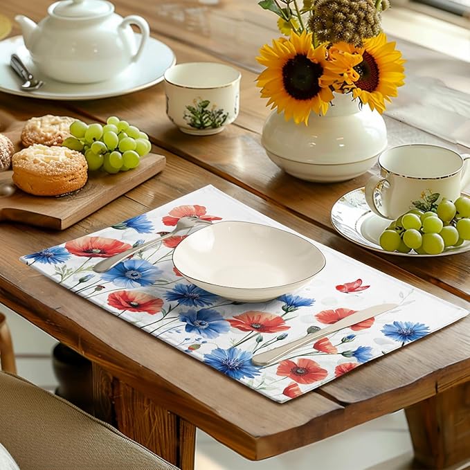 4th of July Floral Placemats Set of 4 Patriotic Summer Red Blue Flowers Linen Fabric Table Mats America Memorial Day Independence Day Place Mats for Party Kitchen Dining Decoration-Ruum Studio Home