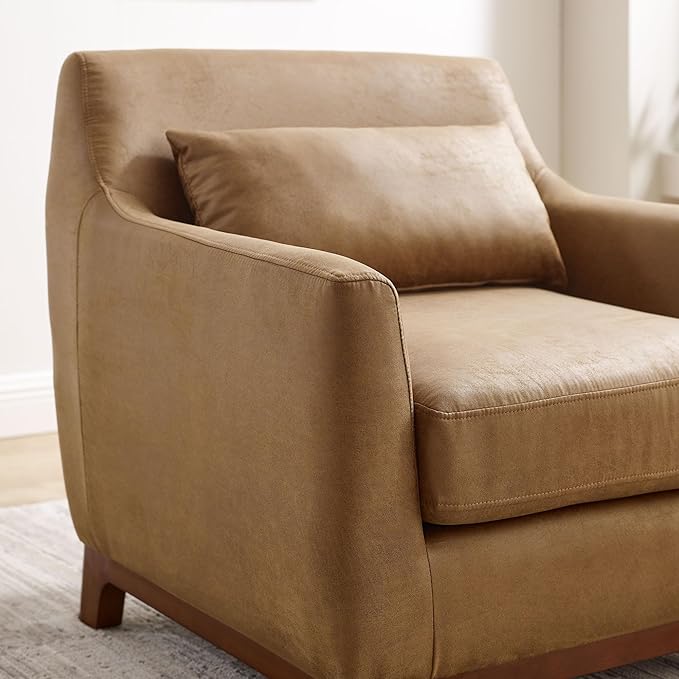Extra Deep Accent Chair, Comfy Fabric Armchair with Wood Base, Upholstered Single Sofa Chair for Living Room & Bedroom, Faux Leather Brown-Ruum Studio Home