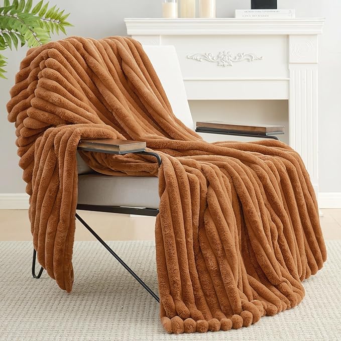 Amélie Home Faux Fur Throw Blanket for Couch, Cozy Fuzzy Fluffy Fur Luxurious Soft Striped Plush Gift Blankets for Family Sofa Chair Bed Living Room Bedroom, 55"x70", Brown-Ruum Studio Home