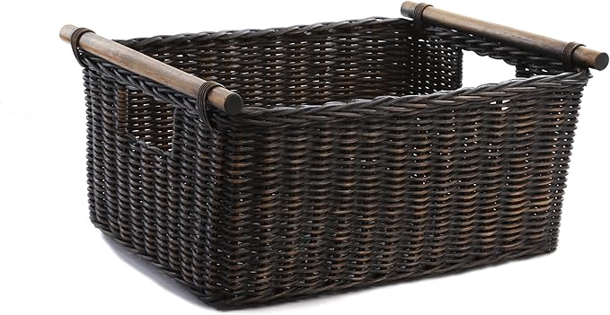 The Basket Lady Pole Handle Wicker Storage Basket, Extra Large, 20 in L x 16 in W x 10 in H, Antique Walnut Brown-Ruum Studio Home