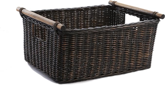 The Basket Lady Pole Handle Wicker Storage Basket, Large, 18 in L x 14.5 in W x 9 in H, Antique Walnut Brown-Ruum Studio Home