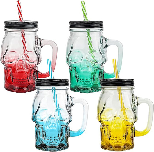 Halloween Cups Set of 4 - Skull Mason Jar with Lids Straws and Handle - Colorful Drinking Glasses for Halloween Party Bar Decor, 16 oz