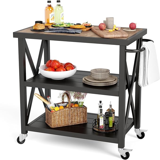 PHI VILLA Outdoor Grill Table, Elegant Grill Cart with Ceramic Wood Grain Table Top, Serving Cart with Shelves, Patio Grilling Backyard BBQ Grill Cart, Black-Ruum Studio Home