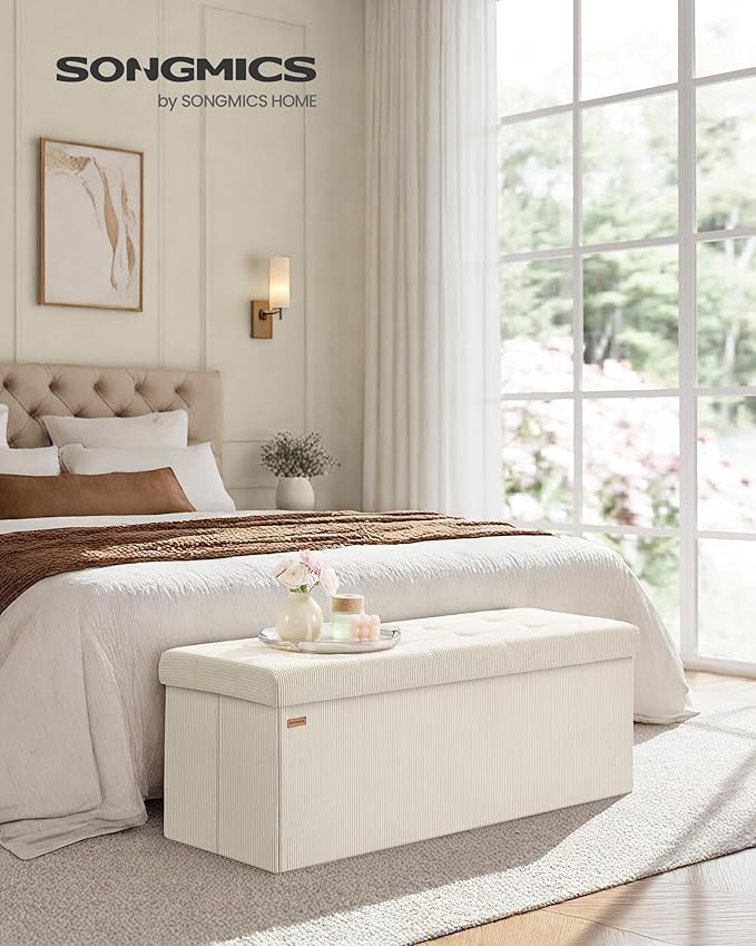 SONGMICS MAZIE Collection - Storage Ottoman Bench, Foldable Foot Rest, 15 x 43 x 15 Inches, End of Bed Bench, Storage Chest, Load 660 lb, Living Room, Bedroom, Entryway, Cream White ULSF604W01-Ruum Studio Home