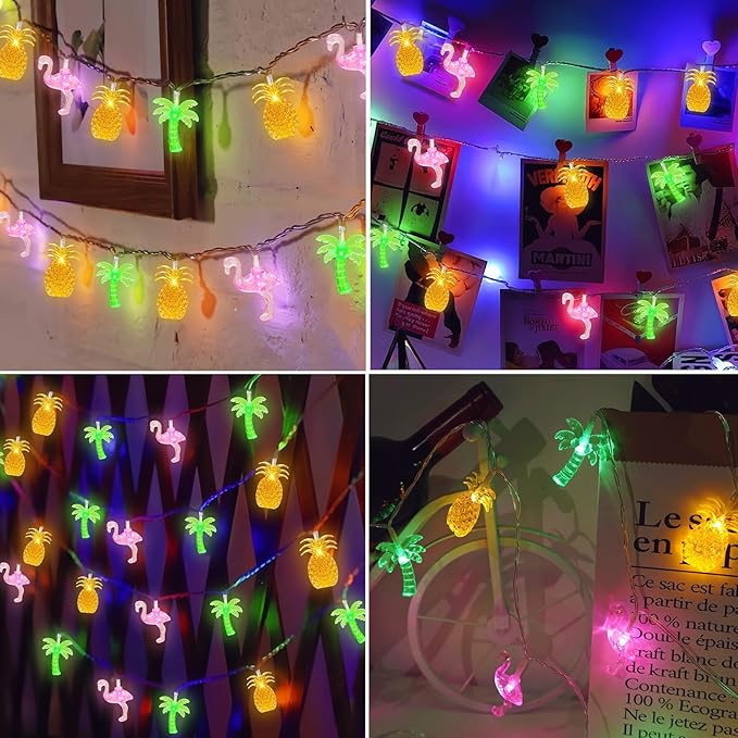 Couah 30 LED 16Ft Summer Beach Hawaiian String Lights - 8 Modes & Timer - Flamingo Pineapple Palm Tree Fairy Lights - Battery Operated for Tropical Party Pool Decorations-Ruum Studio Home