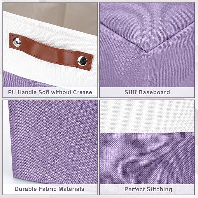 Large Fabric Storage Baskets | 50L Storage Bins, Decorative Linen Closet Baskets with Handles for Organizing, Shelf, Toys, Clothes, Home, Office, Nursery, 17x12x15Inches (Purple&White)-Ruum Studio Home