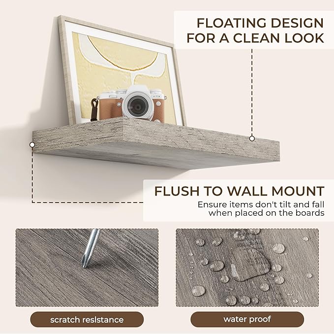 RICHFOCUS 16Inch Floating Shelves for Wall 2 Pack Shelves for Bedroom|Kitchen|Bathroom Wall Mounted Rustic Wood Floating Shelf with Invisible Brackets for Books|Storage|Decor, Grey-Ruum Studio Home