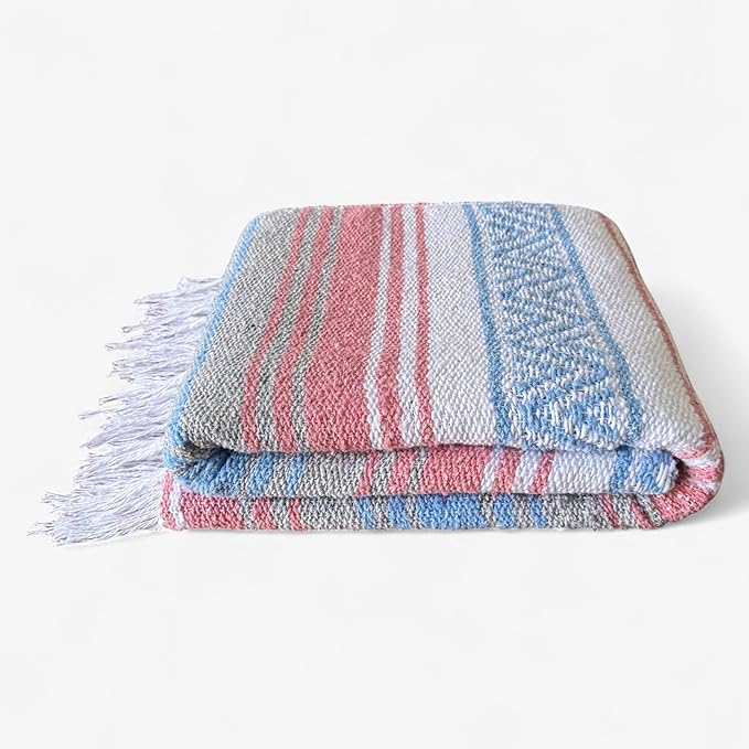 Traditional Handwoven Mexican Blanket, Large Falsa Serape - Soft & Durable - Vibrant Beach, Picnic, Yoga & Camping Mat - Lightweight Boho Throw 70"x50" (Bubblegum)-Ruum Studio Home