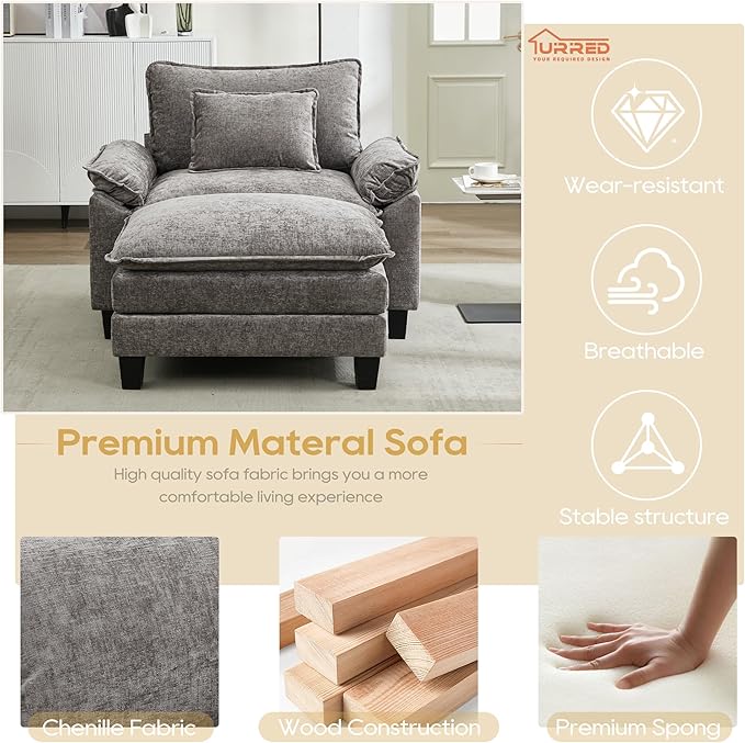URRED Modular Sectional Sofa Comfy Cloud Couch, Modern Chenille Sofa Sleeper Deep Seat Couches with Ottoman/Pillows for Living Room (Gray, 53''- Ottoman)-Ruum Studio Home