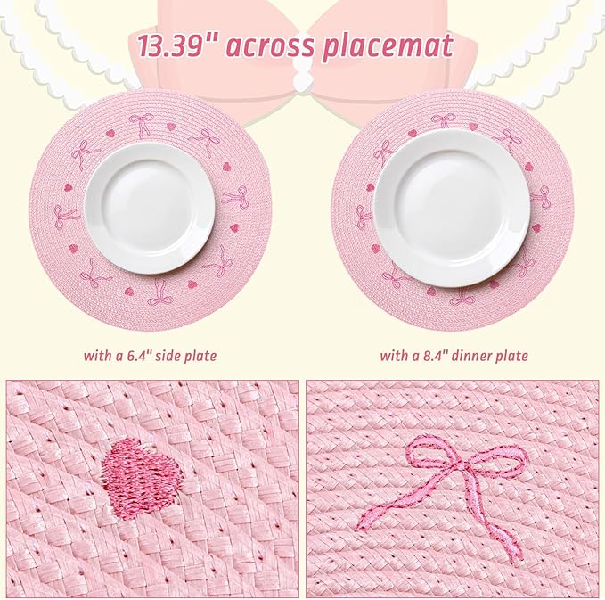 Whaline 4Pcs Round Placemats Pink Bow Embroidered Place Mats Coquette Bow Dinner Table Mats for Home Wedding Baby Shower Birthday Party Decor-Ruum Studio Home