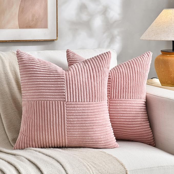Fancy Homi 2 Packs Blush Pink Euro Decorative Throw Pillow Covers 28x28 Inch for Couch Bed Sofa, Farmhouse Boho Home Decor, Soft Corss Corduroy Patchwork Textured Square Cushion Case 71x71 cm-Ruum Studio Home