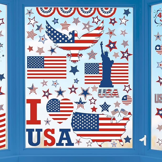 158 Pcs 4th of July Window Clings, 9 Sheets Patriotic Window Clings Decals, Watercolor Double-Sided American Flag Stars Firework Window Stickers for Independence Day Parade Veterans Memorial Day Decor-Ruum Studio Home