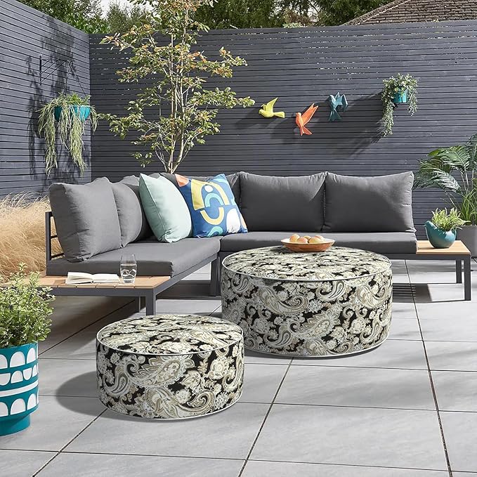 Inflatable Ottoman Stool D31 xH14 for Outdoor/Indoor Use, Water Repellent Patio Foot Rest Stool with Portable Handle,Round Pouf Ottoman Suitable for Garden,Deck and Camping - Paisley Black-Ruum Studio Home