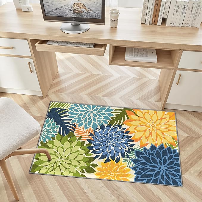 Area Rug 2x3 Yellow Green Washable Entry Small Rug Multicolored Tropical Botanical Modern Floral Indoor Kitchen Door Mat Entrance Carpet Non Slip for Bedroom Living Room, Porch-Ruum Studio Home