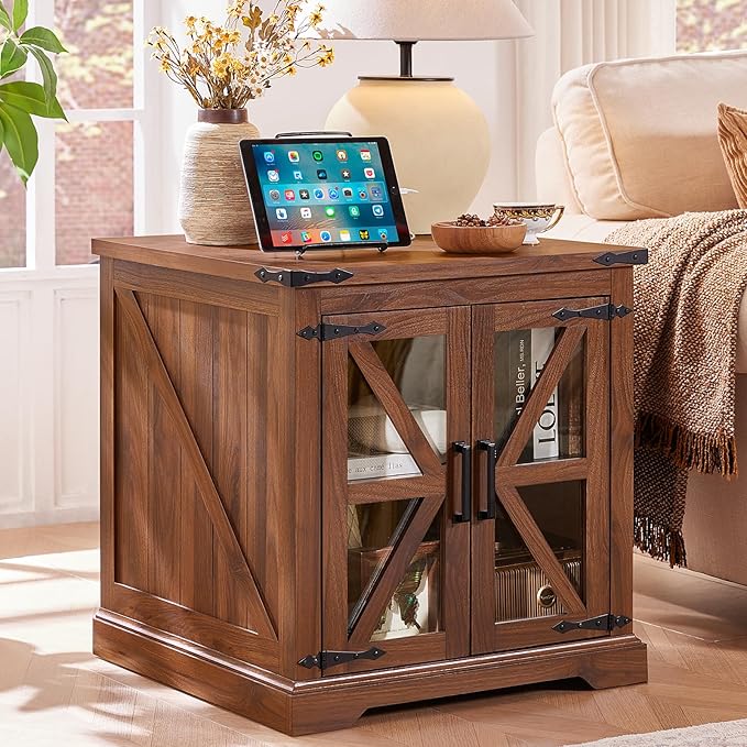 24" End Table with Charging Station, Farmhouse Night Stand with Glass Barn Door, Green Nightstands with Adjustable Storage Shelf, Large Wood Square Bed Side Table for Living Room, Bedroom-Ruum Studio Home