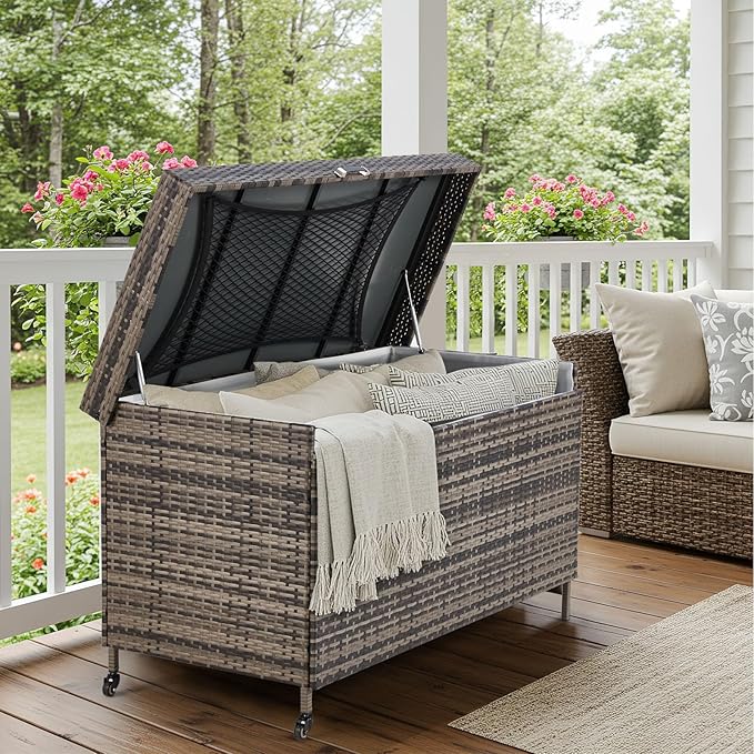 HOMREST Large Deck Box, Outdoor Wicker Storage Container with 240 Gallon, Patio Rattan Furniture for Garden Tools, Pillows, Pool, Brown-Ruum Studio Home