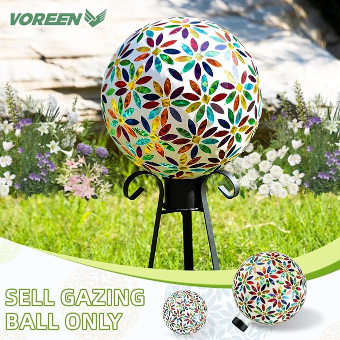 VOREEN Mosaic Glass Gazing Ball Outdoor Gazing Globe, Reflective Ball Yard Decoration for Homes, Patio, Lawn and Gardens, Gift for Mom Wife Friend, 10-Inch, Multi Colored Flowers Design-Ruum Studio Home