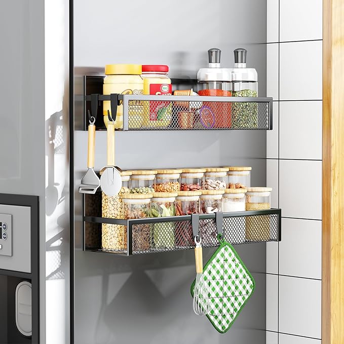 Magnetic Spice Rack for Refrigerator, 2 Pack Magnetic Shelf, Fridge Magnet Organizer with Moveable 4 Hooks, Magnetic Fridge Shelf for Kitchen Organization and Storage (2 Pack)-Ruum Studio Home