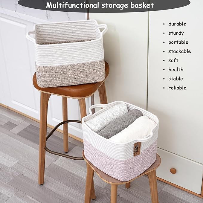 COMFY-HOMI Cotton Rope Woven Basket with Handles for Shelves,Toys,Book, Cloth Storage Baskets for Organizing-13.5" x 11" x 9.5" Toy Decorative Organizer for Living Room, Bathroom （White/Brown）-Ruum Studio Home