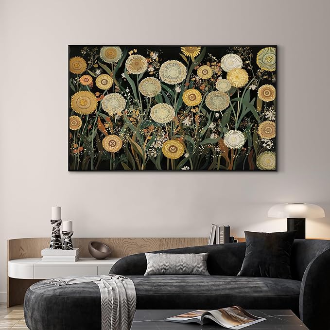 SIGNWIN 30"x60" Extra Large Framed Wall Art Whimsical Dandelion Field in Yellow and Green, Playful Botanical Print for Home Living Room Bedroom Decor (Frame Assembly Required)-Ruum Studio Home