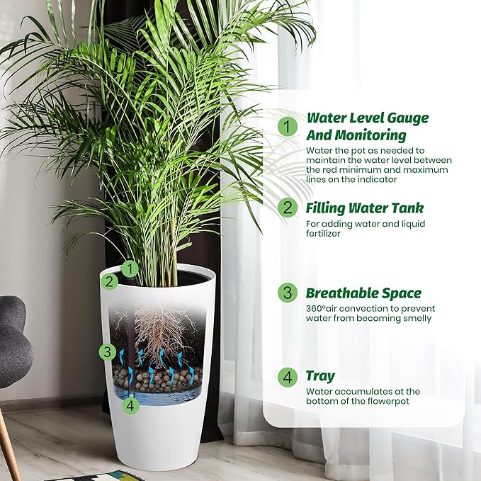 22" Tall Round Planter Set of 2, Self Watering Pots for Indoor Plants, Large Flower Pot Outdoor with Built-in Drainage and a Water Level Monitor, for Patio, Porch, Living Room, or Home Office, White-Ruum Studio Home