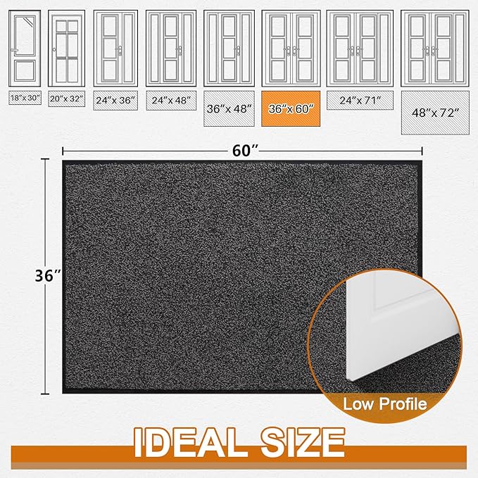 Mibao Front Door Mat, Dirt Trapper Welcome Mat for Outdoor Indoor, Non-Slip Waterproof Doormat, Durable Machine Washable Low Profile Entry Rug for Back Door Outside Patio Porch, 60" x 36", Grey-Ruum Studio Home