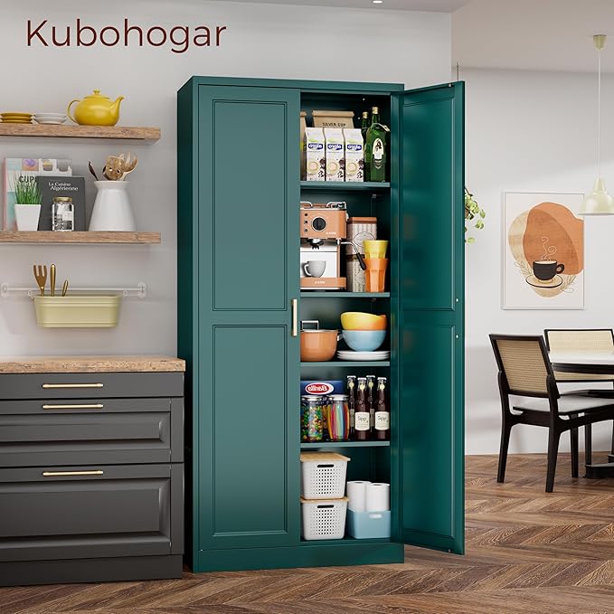 71" Metal Pantry Cabinet, Tall Kitchen Pantry Storage Cabinet with 4 Adjustable Shelves and Gold Handles, Green Cupboard for Kitchen, Dining Room, Living Room-Ruum Studio Home