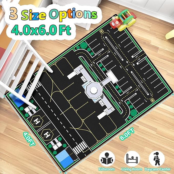 Kids Rug, Road Carpet for Kids with Combined City Road Traffic System, Car Rug and Airport Play Mat, 4x6 Ft Children’s Play Rugs for Playroom, Children’s City Traffic Map Fun Car Mat,Non-Slip-Ruum Studio Home