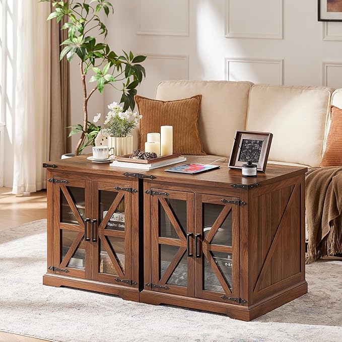 24" End Table Set of 2 with Charging Station, Farmhouse Night Stand with Glass Barn Door, Nightstands with Adjustable Storage Shelf, Large Wood Square Bed Side Table for Living Room,Bedroom-Ruum Studio Home