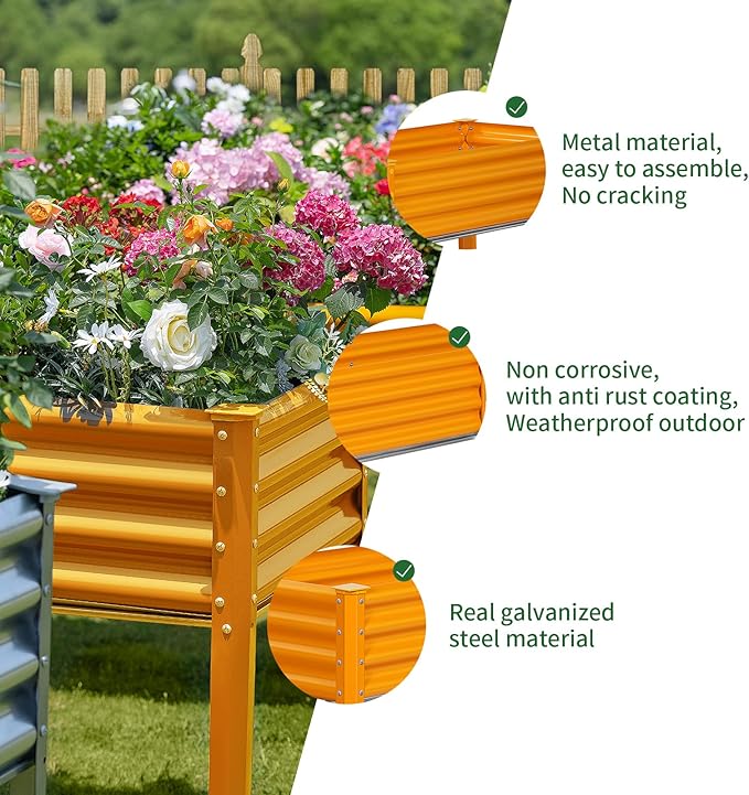 Land Guard Galvanized Raised Garden Bed with Legs, 96×24×32in Raised Garden Beds Outdoor with Drainage Holes, Planter Boxes Outdoor for Backyard, Patio, Balcony, 800lb Capacity, Cream Yellow-Ruum Studio Home
