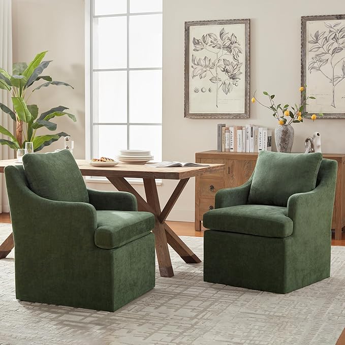 VKNOW Upholstered Dining Chairs Set of 2, Modern Kitchen Chair Dinner Chairs with 4 Casters, Linen Armchair for Bedroom Reading Room, Green-Ruum Studio Home