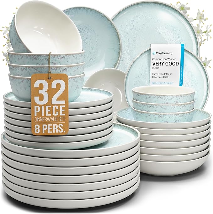 32 Piece Dinnerware Sets for 8 - Modern Style Stoneware Dinnerware Set - Scratch Resistant, Dishwasher Safe Plates and Bowls Sets Ceramic, Dish Set, Bowl and Plate Set - Beige and Blue…-Ruum Studio Home