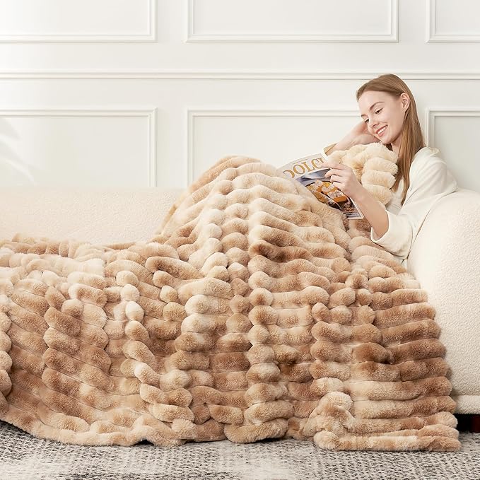Cozy Bliss Faux Fur Throw Blanket for Couch, Cozy Warm Plush Striped Blanket for Sofa Bedroom Living Room, 60 * 80 Inches Tie-dye Kahki-Ruum Studio Home