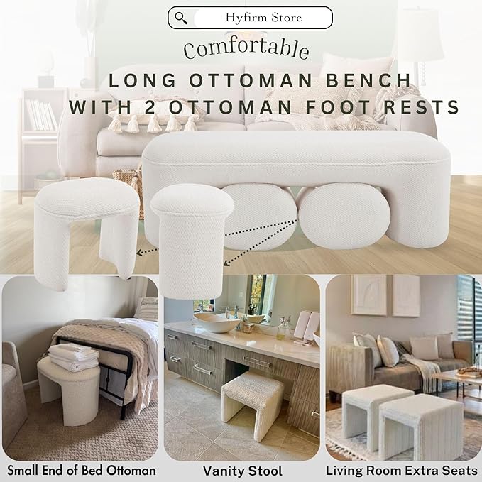 3-Piece 53" Comfy Upholstered Dining Bench with 2 Ottomans, Accent Waterfall Bench Modern End of Bed Entryway Bench Vanity Stool, White Chenille-Ruum Studio Home