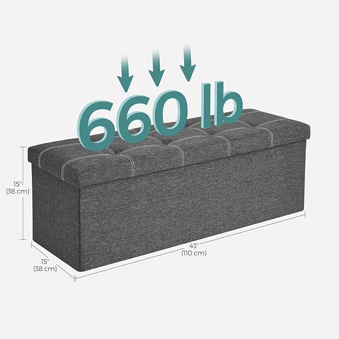 SONGMICS Mazie Collection - 43 Inches Ottoman Storage Bench, 35 Gal. Folding Chest with Breathable Linen-Look Fabric, Load up to 660 lb, for Entryway, Living Room, Bedroom, Dark Gray ULSF077G04-Ruum Studio Home