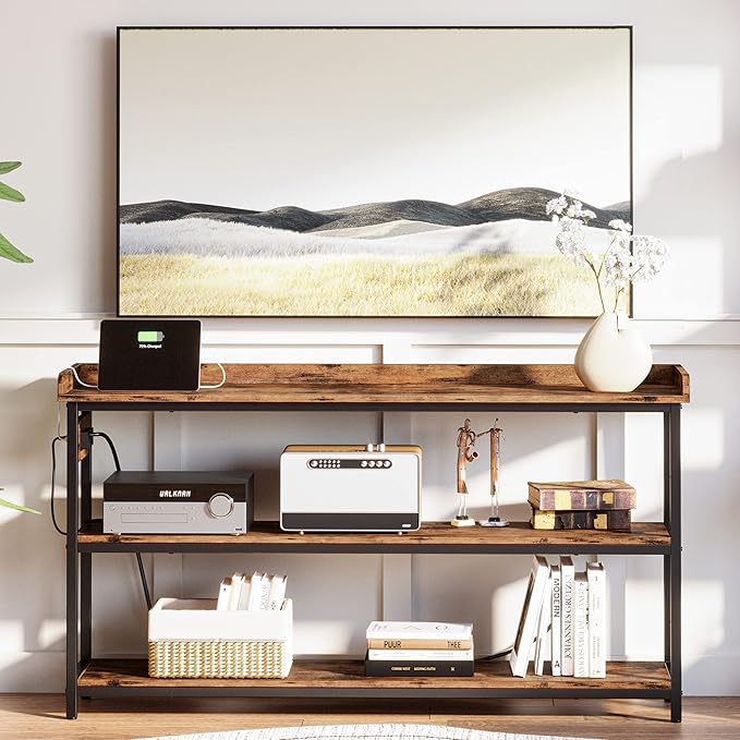 IRONCK Console Table, Sofa Table with Power Outlet, Farmhouse Hallway Table for Entryway, Living Room, Height Adjustable, Easy Assembly, Rustic Brown,55"-Ruum Studio Home