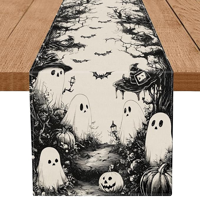 GPGHE Halloween Table Runner Black Ghost Holiday Burlap Table Decoration Indoor Outdoor Home Decor Party Supply 13 x 48 Inch-Ruum Studio Home