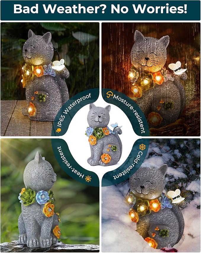Solar Garden Statues Outdoor Decor, 6 LED Cat Flowers Butterfly Figurine Lights, Waterproof for Balcony Patio Porch Lawn Yard Ornament Art - Gift Ideas for Housewarming Gardening Grandma Women-Ruum Studio Home