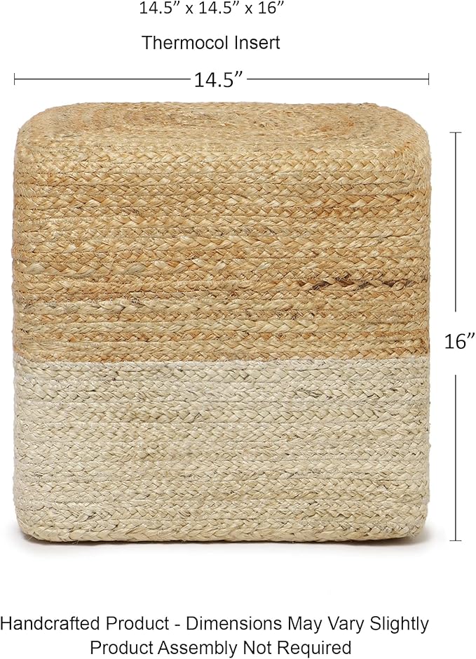 REDEARTH · Cube Pouf Ottoman - Braided Pouffe Accent Sitting Square Footrest for Living Room, Bedroom, Nursery, kidsroom, Patio, Gym; 100% Jute (14.5"x14.5"x16"; Natural Ivory)-Ruum Studio Home
