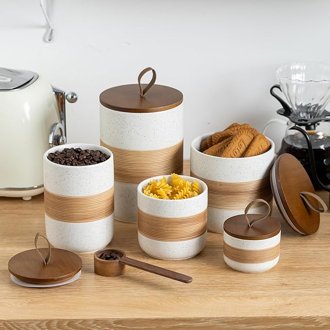 Ceramic Jar with Lid, Coffee Container Kitchen Food Storage Jars for Spice Sugar Tea Bag, Stackable Decorative Jars for Countertop, White & 18oz-Ruum Studio Home