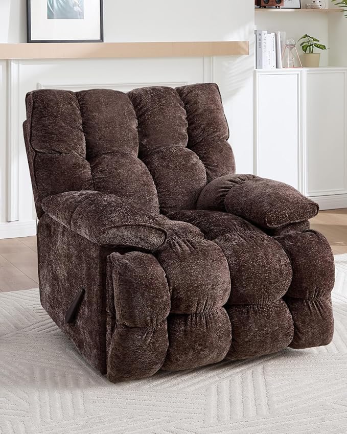 Oversized Recliner Chair Manual Swivel Rocker Recliner for Living Room Chenille Overstuffed Nursery Reclining Sofa Chair Rocking Recliners for Adults 400lbs (Manual, Brown)-Ruum Studio Home