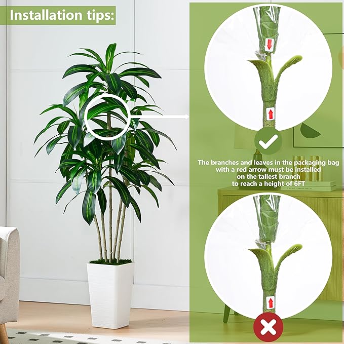 Artificial Dracaena Tree Artificial Silk Tree Faux Tree with White Tall Planter Fake Tropical Yucca Floor Plant (1, White Tall Planter, 6 FT)-Ruum Studio Home