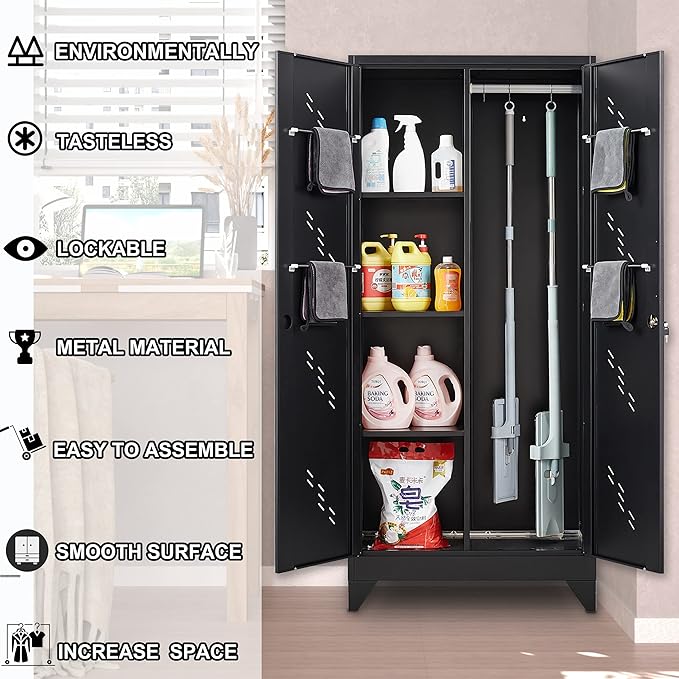 71" Broom Closet Cabinet with Hanging Rod, Tall Black Metal Storage Cabinet for Bathroom, Utility Room, and Garage-Ruum Studio Home