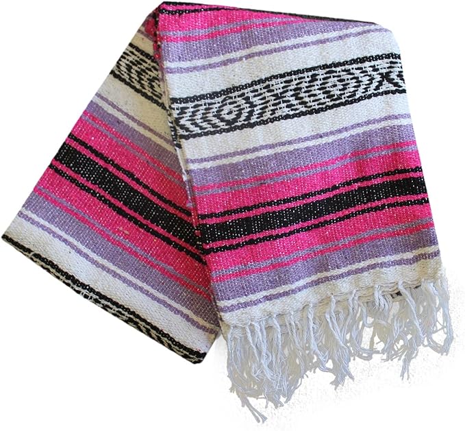 Del Mex Classic Mexican Blanket, Large Authentic Woven Falsa Throw (70"x50"), Artisan Southwest Décor for Beach, Yoga, Outdoors (Pink/Purple)-Ruum Studio Home