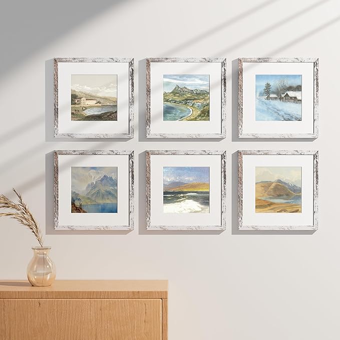 Vittanly 12x12 Picture Frames Set of 9, Shatter Resistant Plexiglass, Display 8x8 Pictures with Mat or 12x12 without Mat, Photo Frames for Wall Mount, Engineered Wood, Distressed White-Ruum Studio Home
