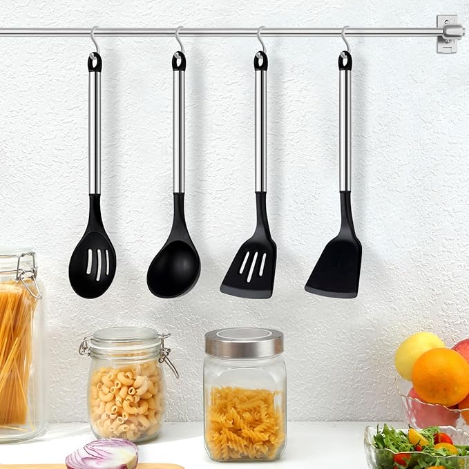 Pleafind 4-Pcs Silicone Cooking Utensils Set, Wok Utensils Set Include Wok Ladle, Slotted Spoon, Solid Spatula and Slotted Spatula, Silicone and Stainless Steel Kitchen Utensils, Dishwasher Safe-Ruum Studio Home
